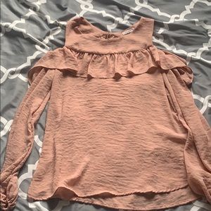 Blush, cold shoulder long sleeve blouse.
